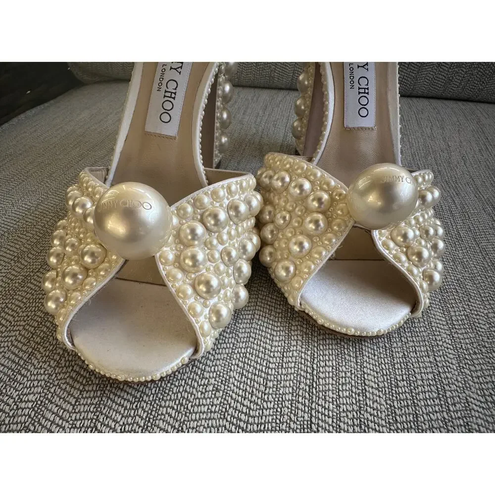 Jimmy Choo Pearl-Embellished Ivory Block Heel Sandals